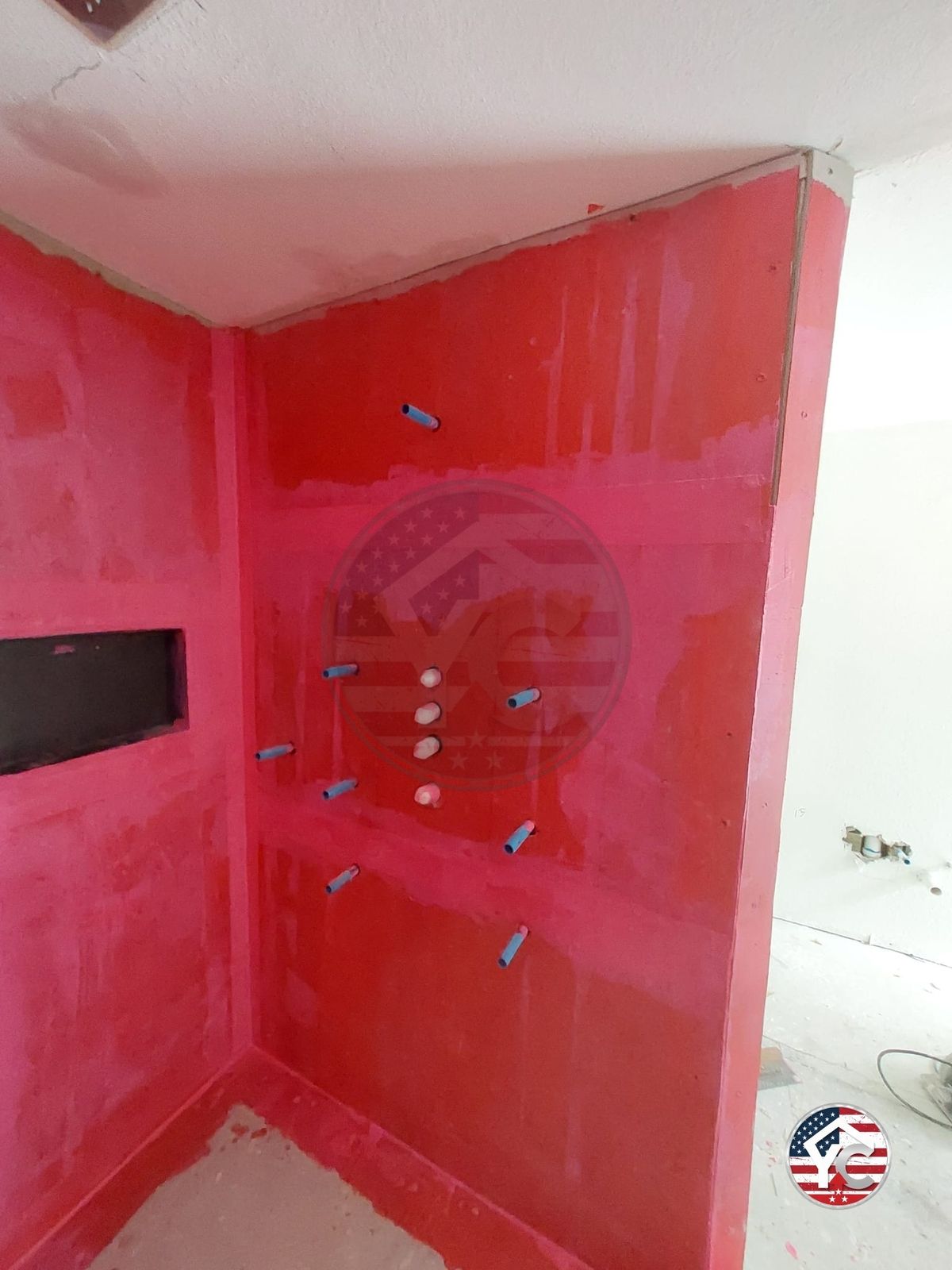 Waterproofing membrane detail around a custom shower niche