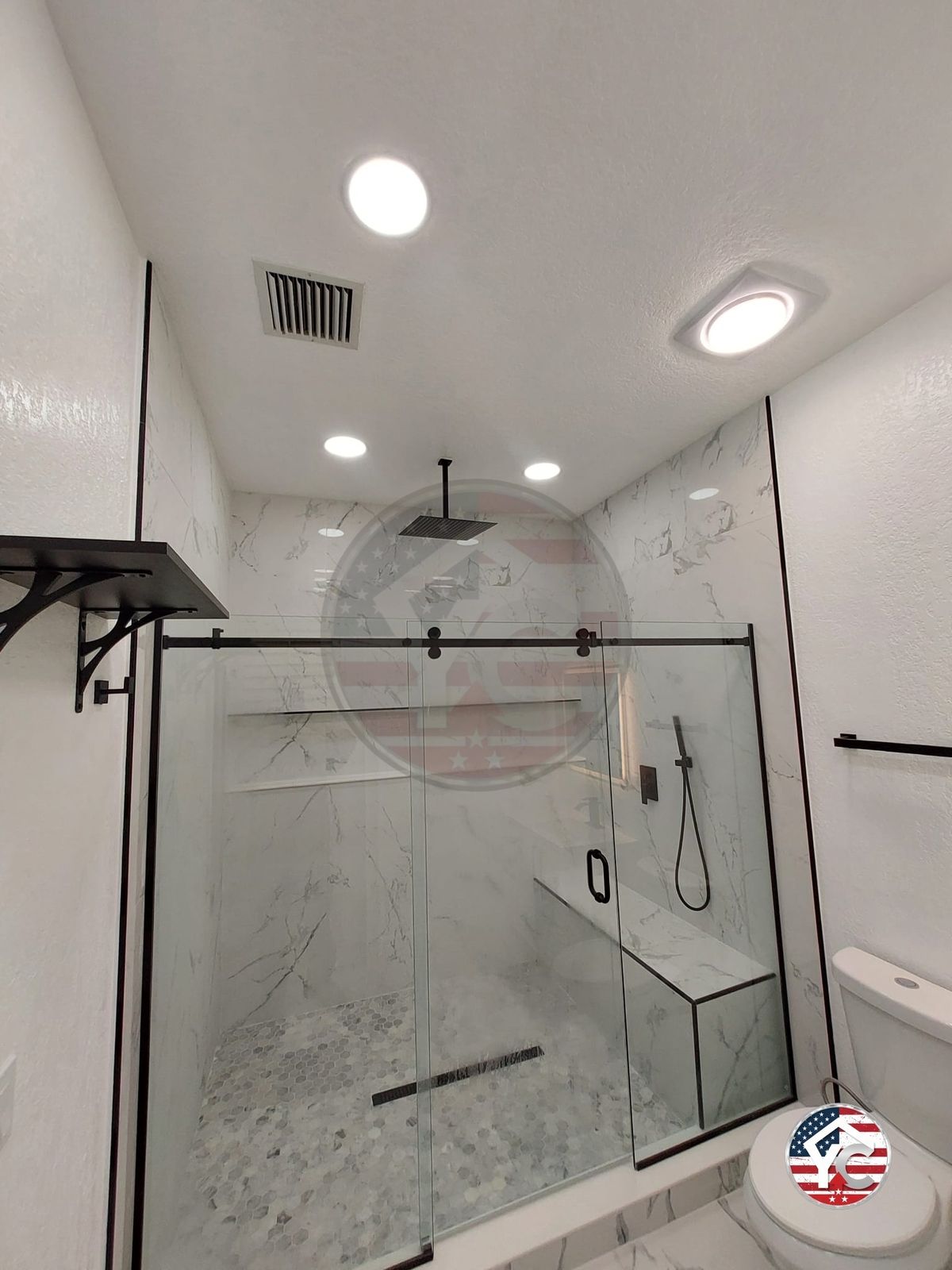 Barn-Door Glass Shower with Ceiling Rain Head