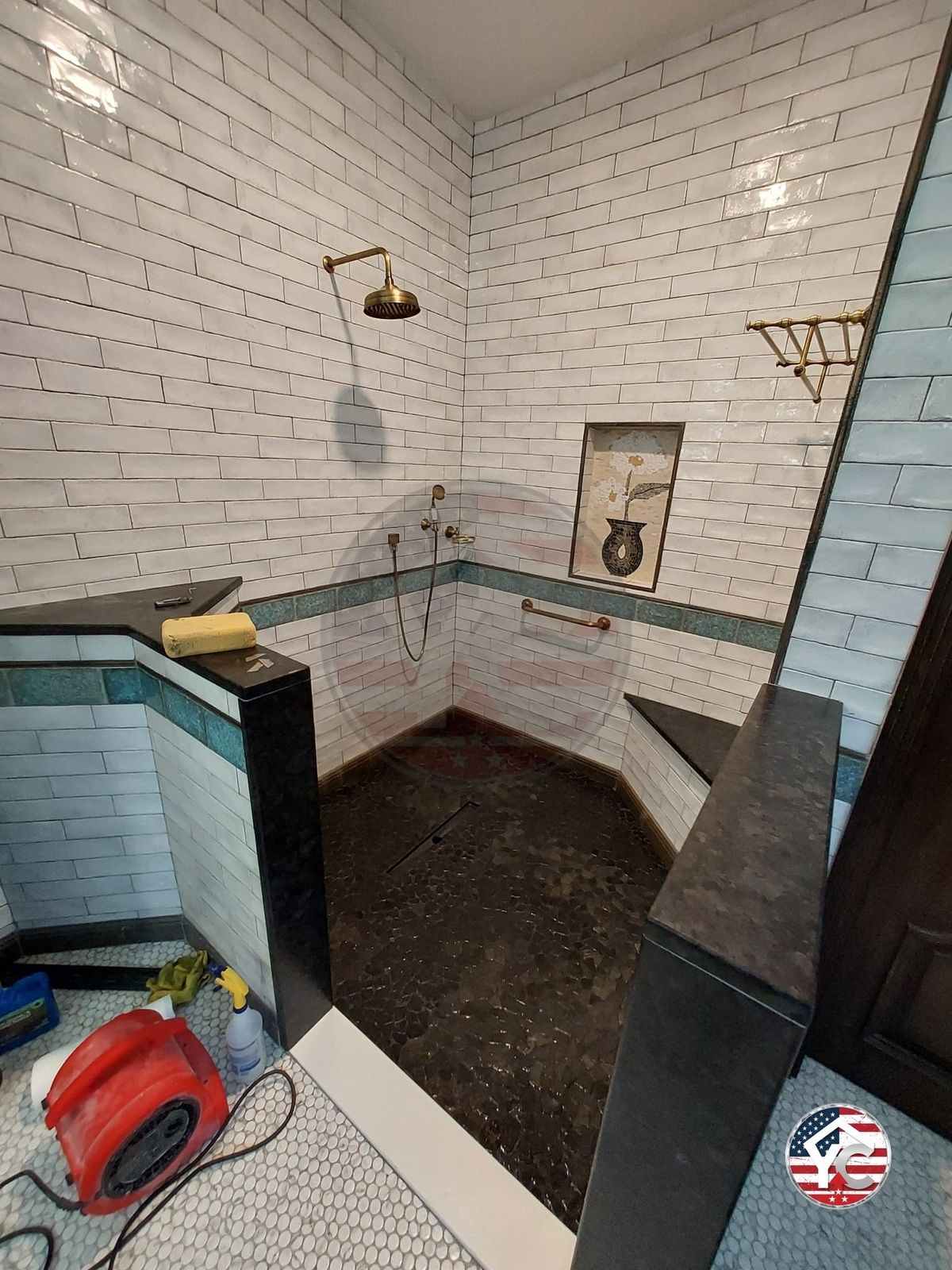 Subway Tile Shower with Floral Mosaic Accent